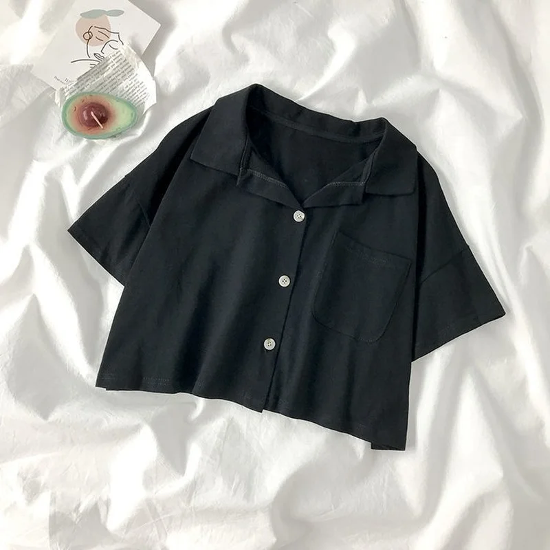 Turn-down Collar Short Sleeve T-shirts Women Solid Single Breasted Crop Tops All-match High-street Students Summer Ulzzang Chic