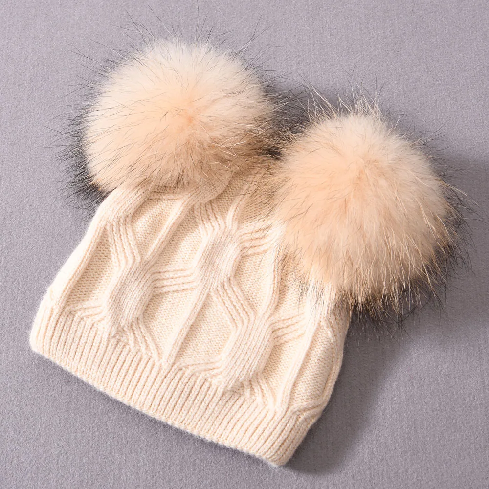 Winter Baby Cute Beanie Hats Thick Warm Double Layer Fluffy Fur Pom Pom High Quality Cashmere Knitted Beanies Hats Kids Children