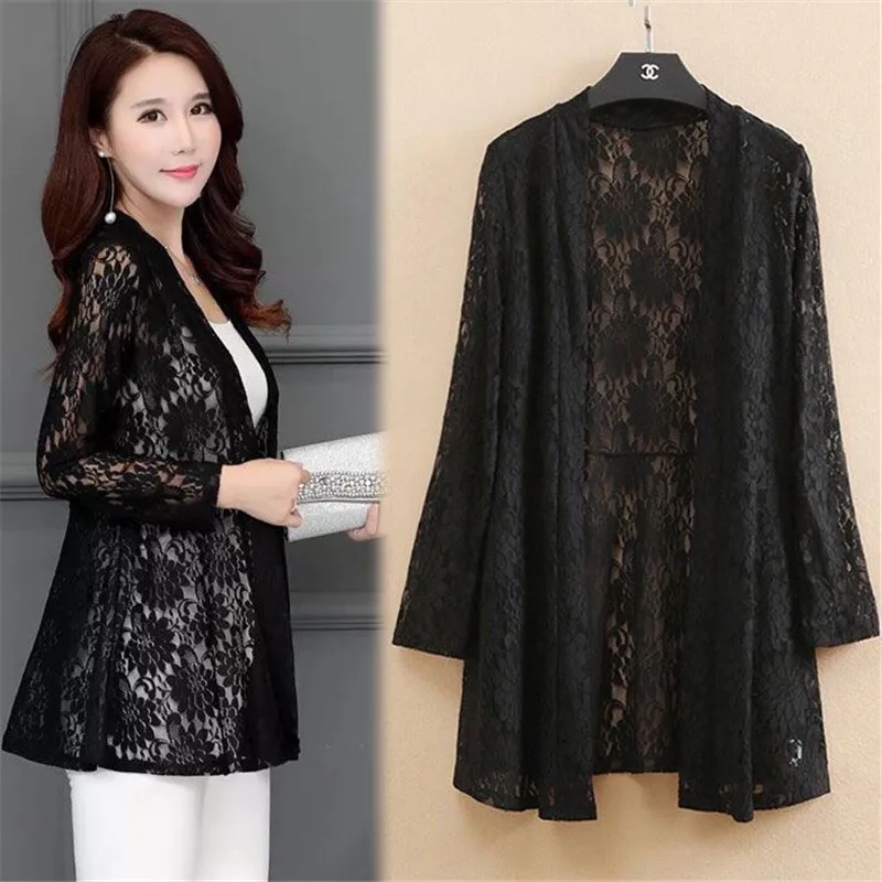 2024 Knitted Sweater Coat Long-Sleeved Lace Cardigan Summer Women Mid-Length Mesh Tops Sun Protection Thin Shawl Coat Female 5XL