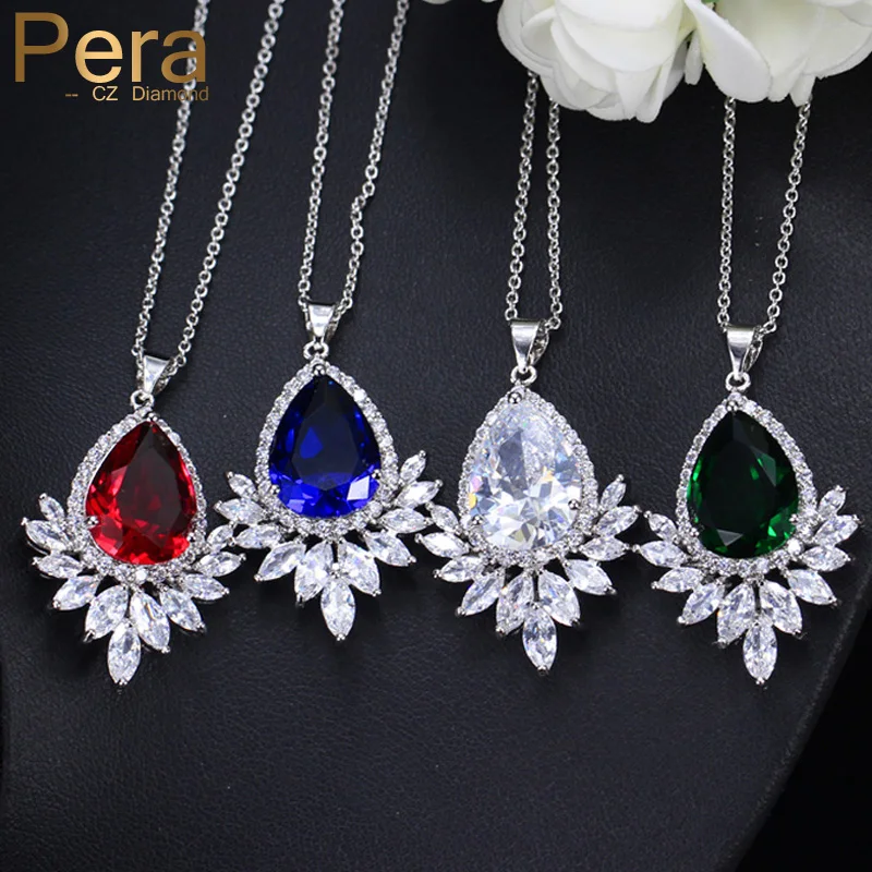 Pera Classic Marquise Cut Zirconia Crystal Big Bule Green Water Drop Neklaces Pendants for Women Daily Dinner Party Jewelry P007