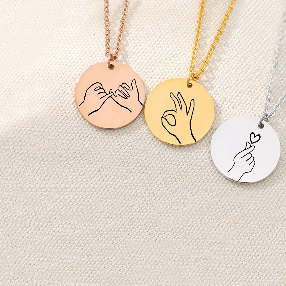 Engrave Hand Gesture Pendant Hand Sign Custom Necklace Pinky Promise 3 Colors Personalized Gifts Woman Jewelry for Lovers