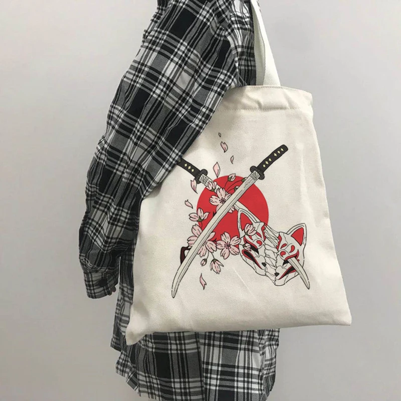 Japanese Dark Fox Cartoon Canvas Bag Hip Hop New Harajuku Casual Shopper Bag Vintage Large Capacity Ulzzang Women Shoulder Bag