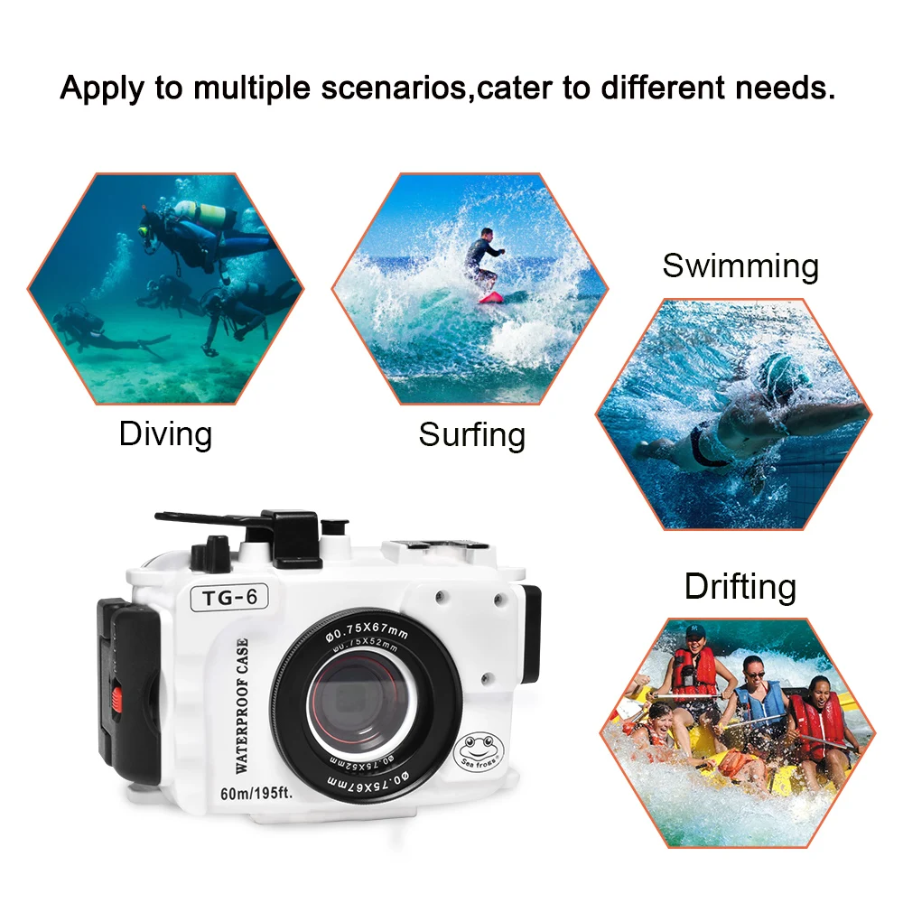 Seafrogs Case For Olympus TG6 60M/195ft Underwater Diving Camera Housing Waterproof Case With Dual Fiber-Optic Ports