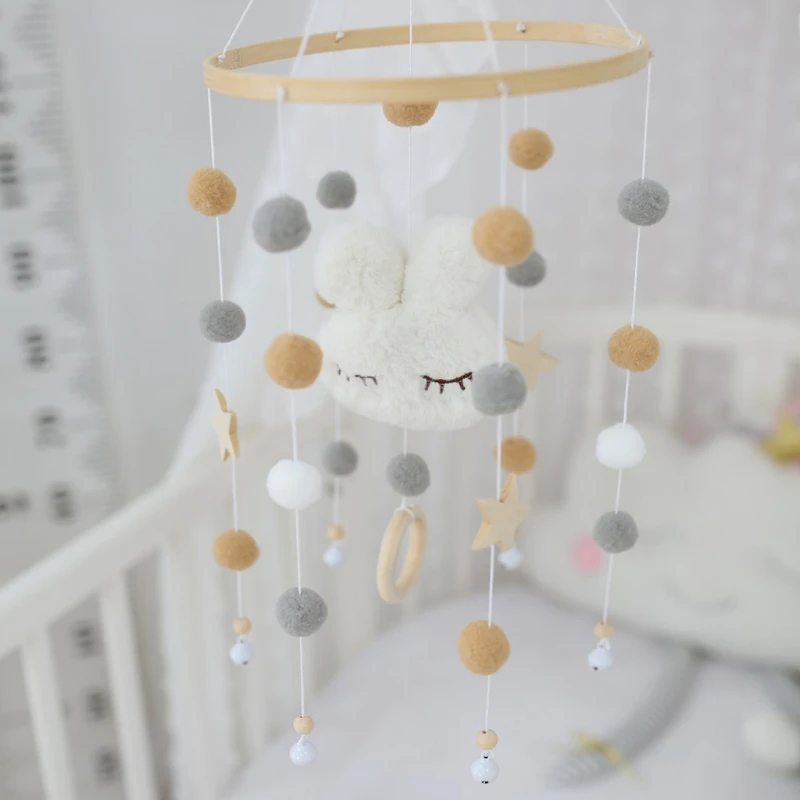 Baby Bed Rattle Cartoon Plush Rabbit Toys Newborn Crib Mobile Rattle Wool Balls Beads Bed Bell Rotating Wind Chime Nursery Decor