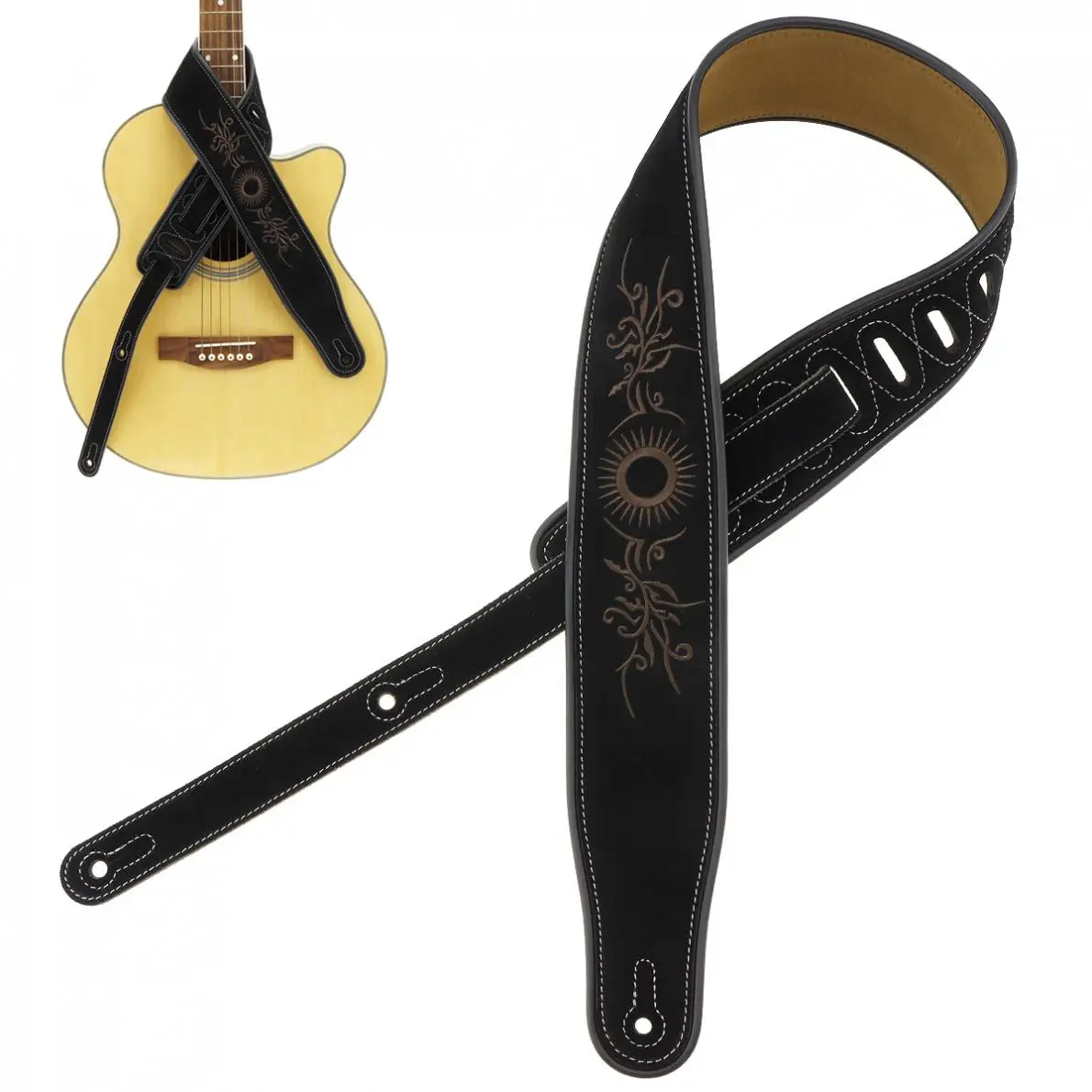 

Genuine Leather Cow Guitar Strap Flower Pattern Embroidery 7cm Widen Antifriction Design for Acoustic Electric Guitar