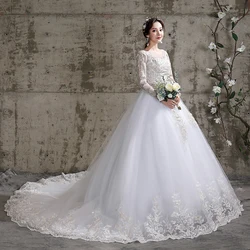Customized Luxury Train Wedding Dress Bridal Lace Up Dress Dreamy Full-seelve Ball Gowns Plus Size Tailing Wedding Dressses