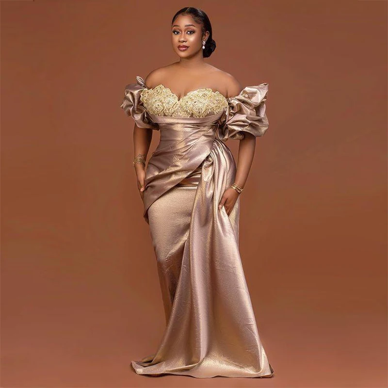 Aso Ebi Plus Size Prom Dresses Plus Size Lace Appliques Off The Shoulder Ruffles Satin Evening Gowns African Party Dress 2022