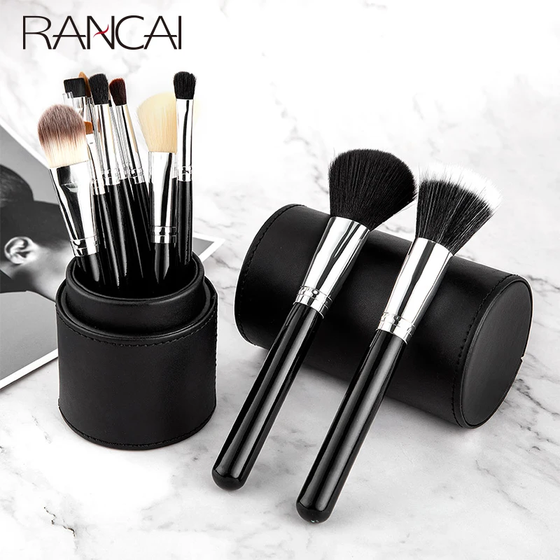 Rancai 12Pcs Professionele Make-Up Kwasten Set Stichting Grote Losse Poeder Contour Oogschaduw Eyeliner Wenkbrauw Met Zwarte Cilinder