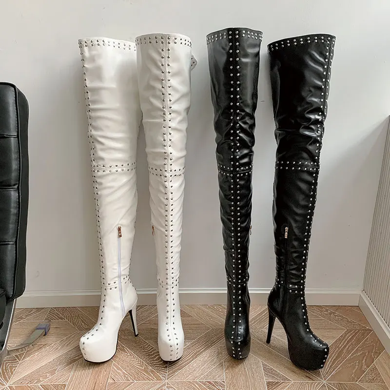 Lasyarrow Winter New Fashion Black White Rivets Platform Long Boots Woman Round Toe Super High Thin Heels Over the Knee Boots