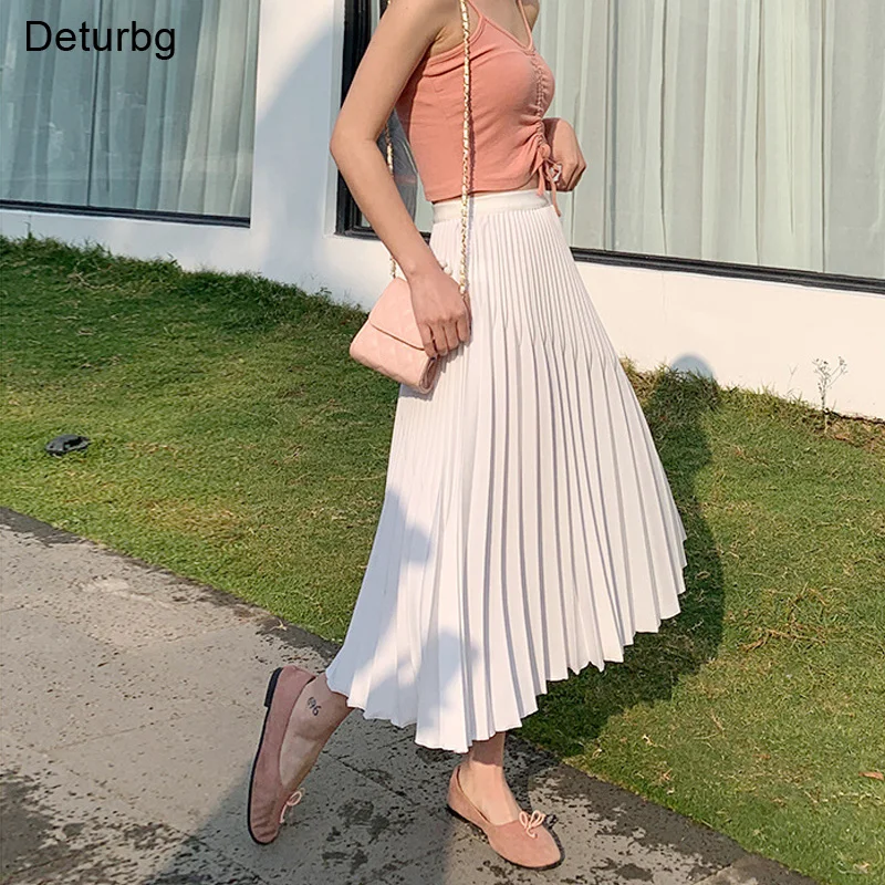 Women's Elegant Solid Color Midi Skirt Korean Female High Waist Fan-shaped Pleated Twill Skirts Faldas 2021 Summer Autumn Sk772