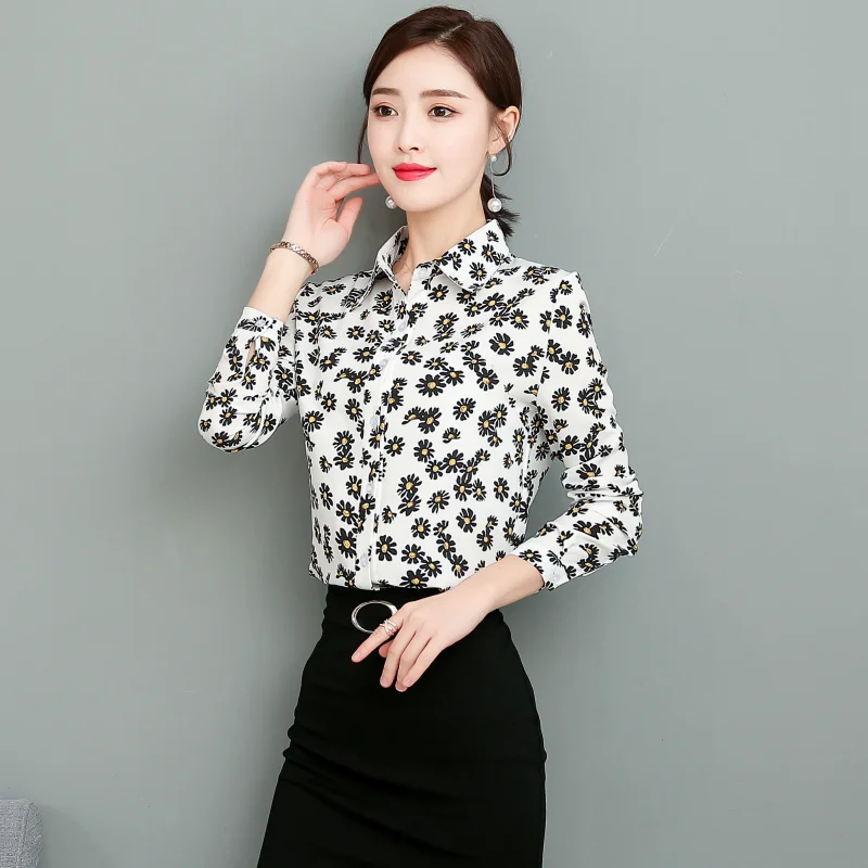 Little Daisy Floral Chiffon Shirt for Women, Long Sleeve, Printed Blouse, Korean Fashion, Bottom, Spring and Summer, New, 2023