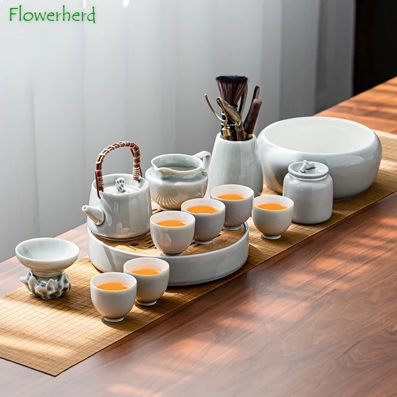 

Ice Grey Glaze Kung Fu Tea Set Home Office Ceramic Teapot Handle Tea Cup Tea Tray Plant Grey Tea Pot and Cup Set Luxury Tea Set