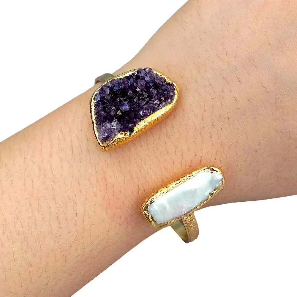 YYGEM Natural Purple Amethyst Druzy Cultured White Biwa Pearl  Bangle Bracelet Fashion Women Jewelry