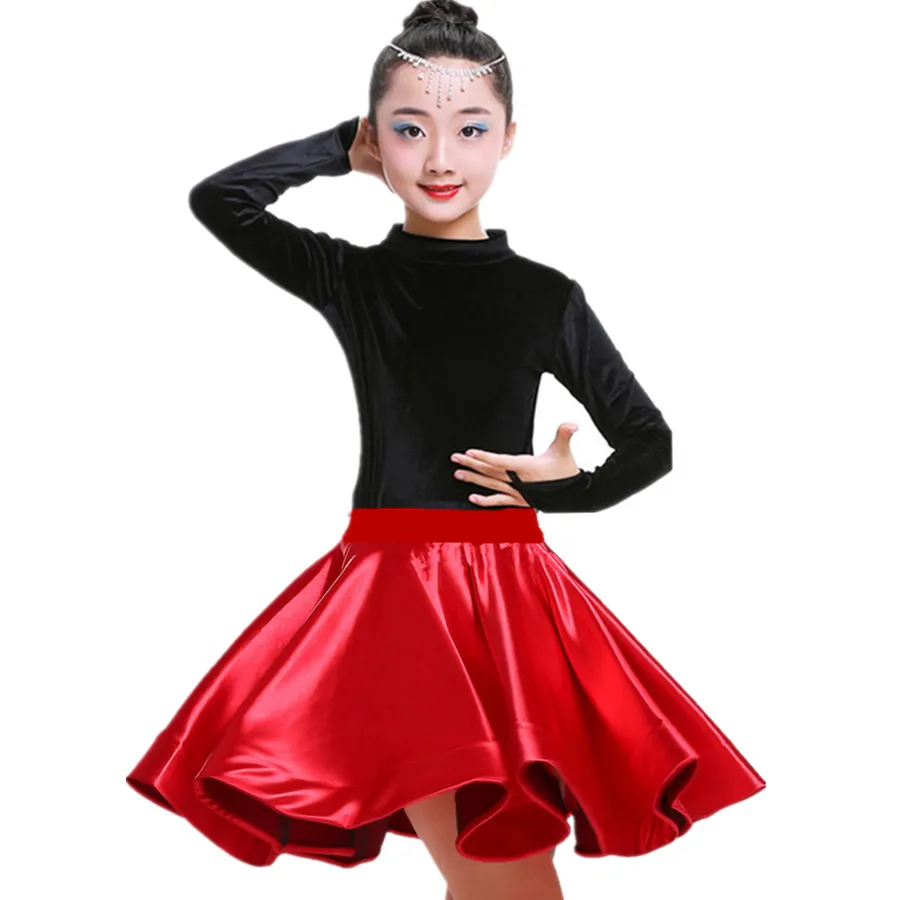 New Kids Girls Velvet Latin Dance Dresses Gymnastics Dancewear Tango Salsa Costume Big Circle Ballroom Skirt For Girls