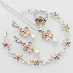 925 Sterling Silver Jewelry Multicolor Cubic Zirconia White Pearls Jewelry Sets For Women Necklace/Earring/Bracelet/Pendant/Ring