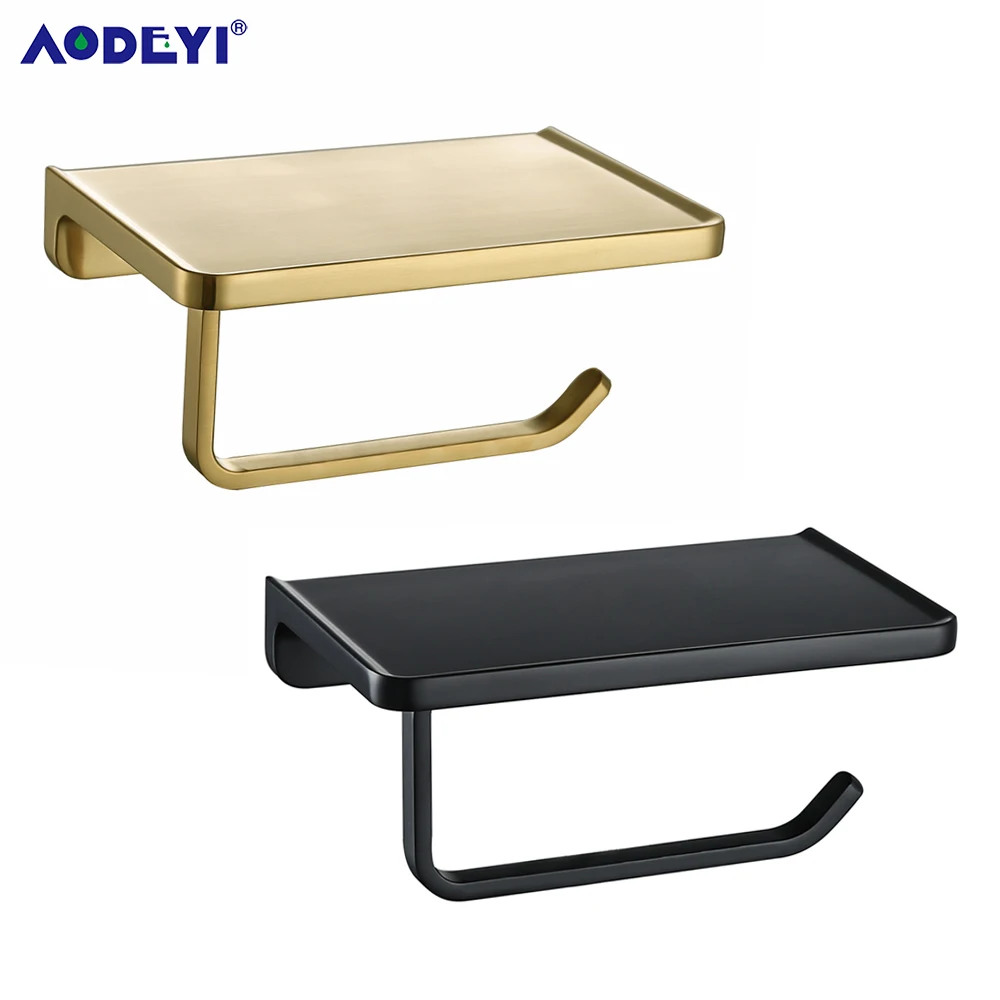 Brushed Gold Toilet Paper Holder Wall Mount Black Tissue Roll Hanger Phone Platform Wall Mount Bathroom Hardware Accessories Set