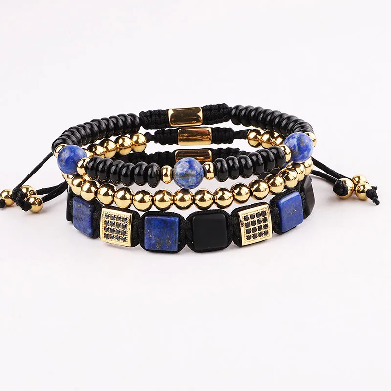 High Quality Square Natural Stone Stainless Steel Beads Friendship Bracelet Set For Men