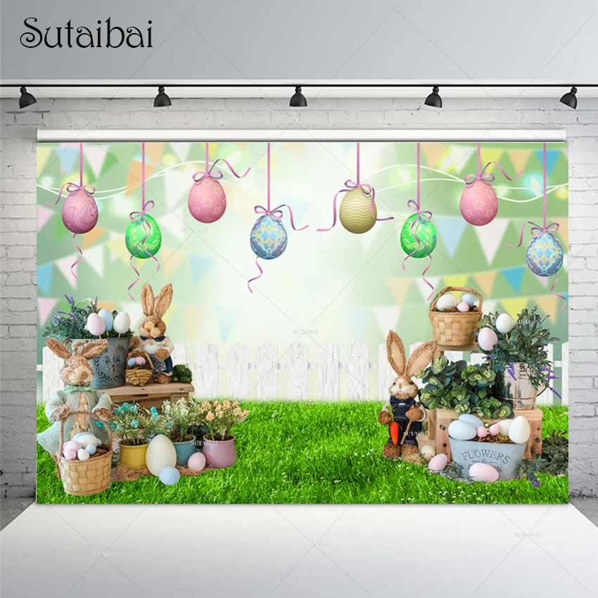 Spring Garden Easter Backdrop Floral Bunny Flower Stand Fence Eggs Green Colorful Bokeh Birthday Party Photography Background