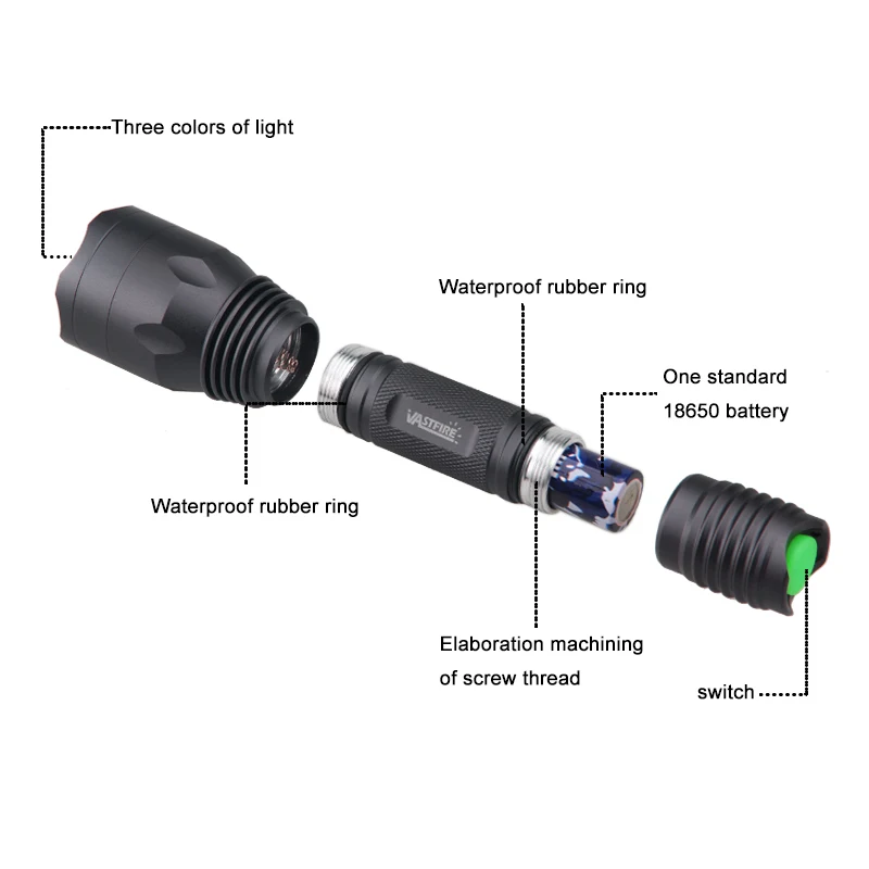 Professional Hunting Flashlight Green/Red/UV Light Tactics Night Reconnaissance LED Flashlight Lamp Rechargeable Outdoor Torch