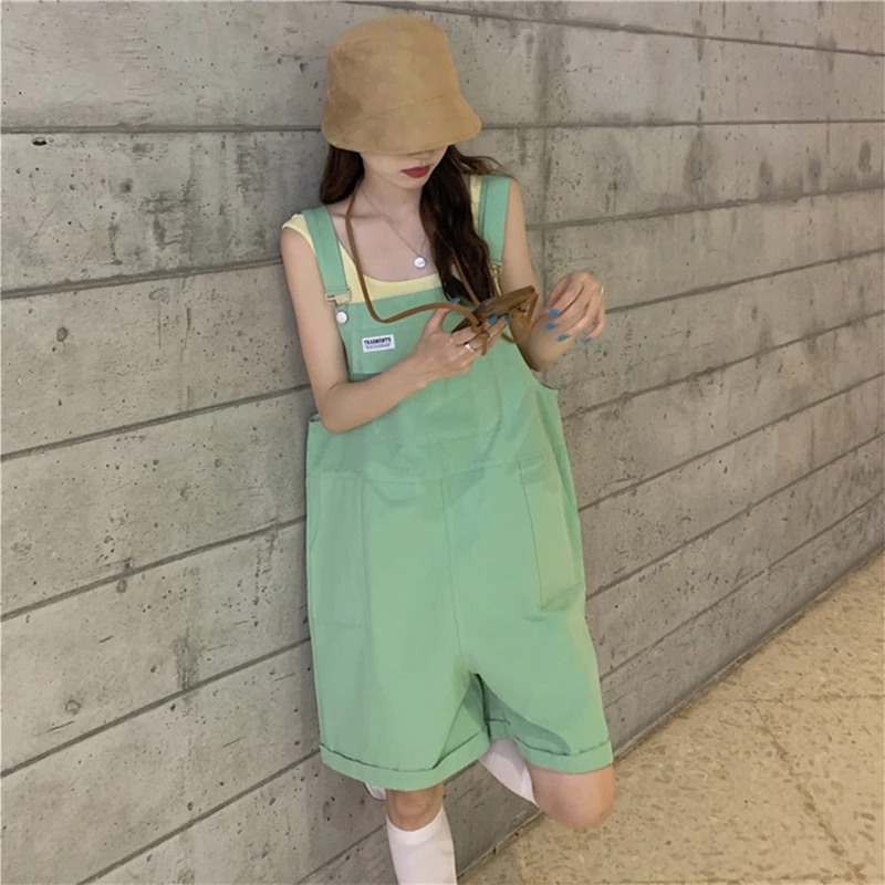 

Sweet Sleeveless Label Pocket Denim Short Rompers Wide Leg Bib Overalls For Women Jean Jumpsuit Playsuit Oversize Jeans Female