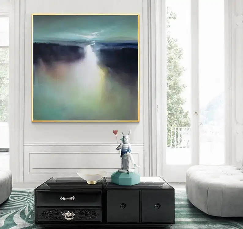 

large landscape painting abstract canvas painting oversize wall art green painting cloud painting sea painting skyline painting