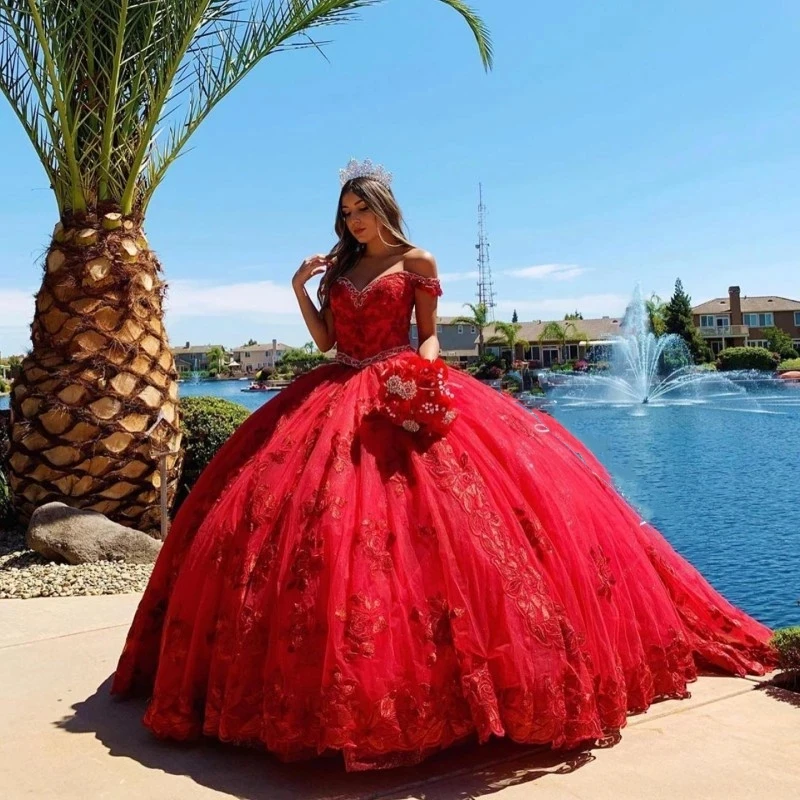 Vestidos Quinceanera Vermelho Puffy, Apliques de renda, Fora do ombro, Vestido Doce Frisado 16, Vestidos Pageant, 15 Anos