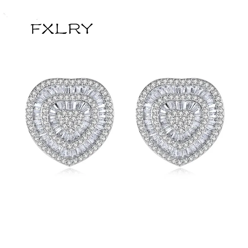 

FXLRY Korean Top Quality White Color Cubic Zirconia Heart Stud Earrings for Women Jewelry