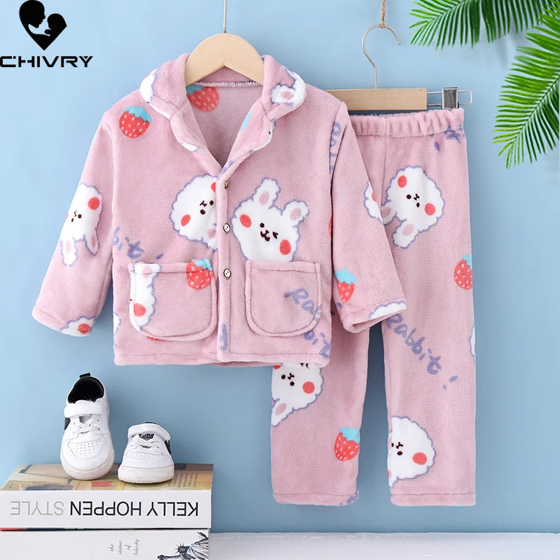 

Kids Soft Flannel Pajama Sets Boys Girls Autumn Winter Thicken Warm Home Wear Children Lapel Long Sleeve Sleeping Clothing Sets