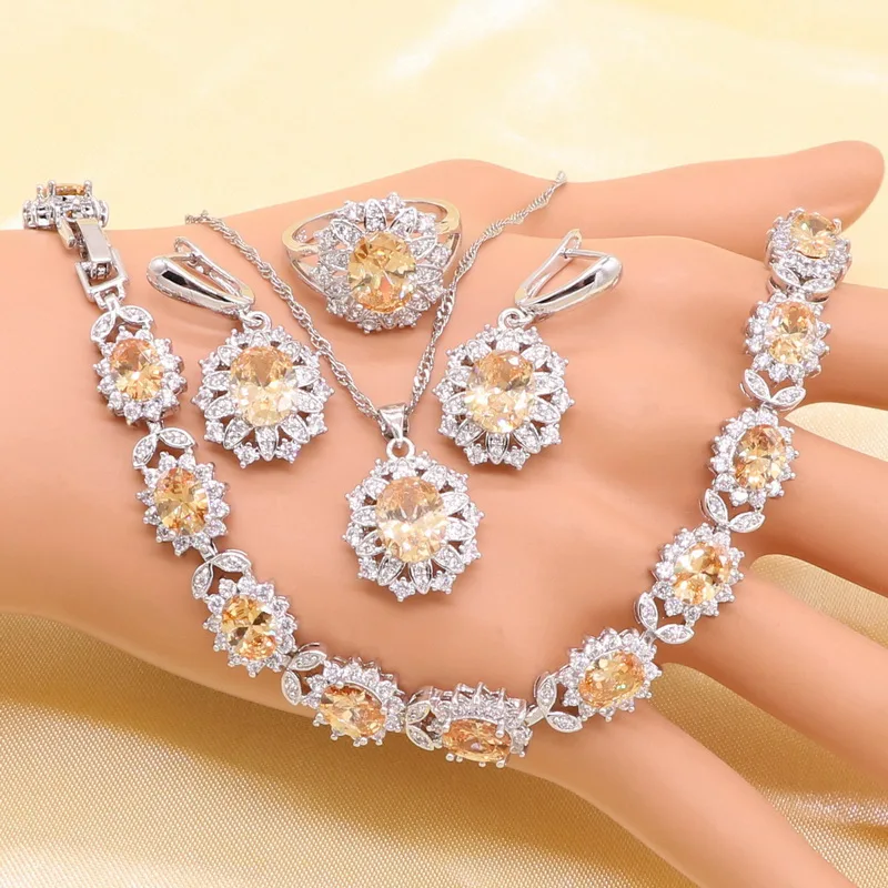 Orange Zircnoia 925 Sterling Silver Jewelry Set for Women with Bracelet Earrings Necklace Pendant Ring Birthday Gift