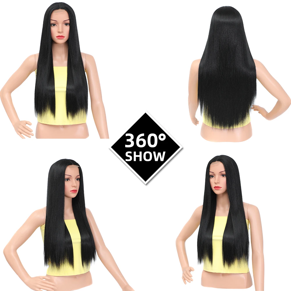 YunRong 26Inch Long Straight Synthetic Black Wig Middle Part Pink Grey Orange Color Heat Resistant Fiber Cosplay Wig