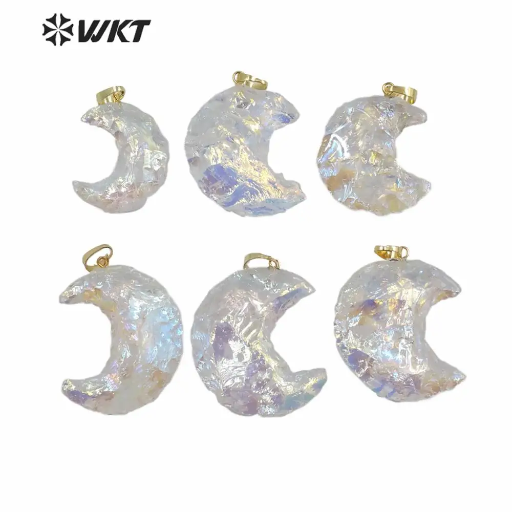 WT-P1541 Amazing Natural Raw Crystal Quartz With Aura Plated Pendant Cute Crescent Moon Shape Stone For Beautiful Jewelry DIY
