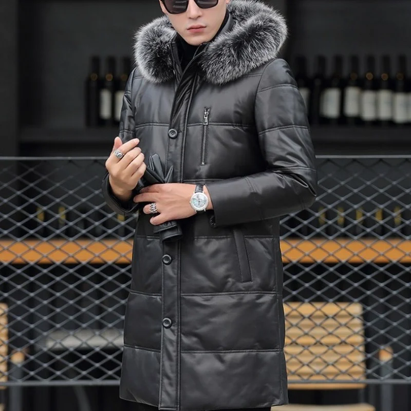 Winter Fashion Thicken Warm Hooded Down Coat Mens Slim Fit Genuine Leather Long Jacket Street Casual Men Overcoat Plus Size 5XL