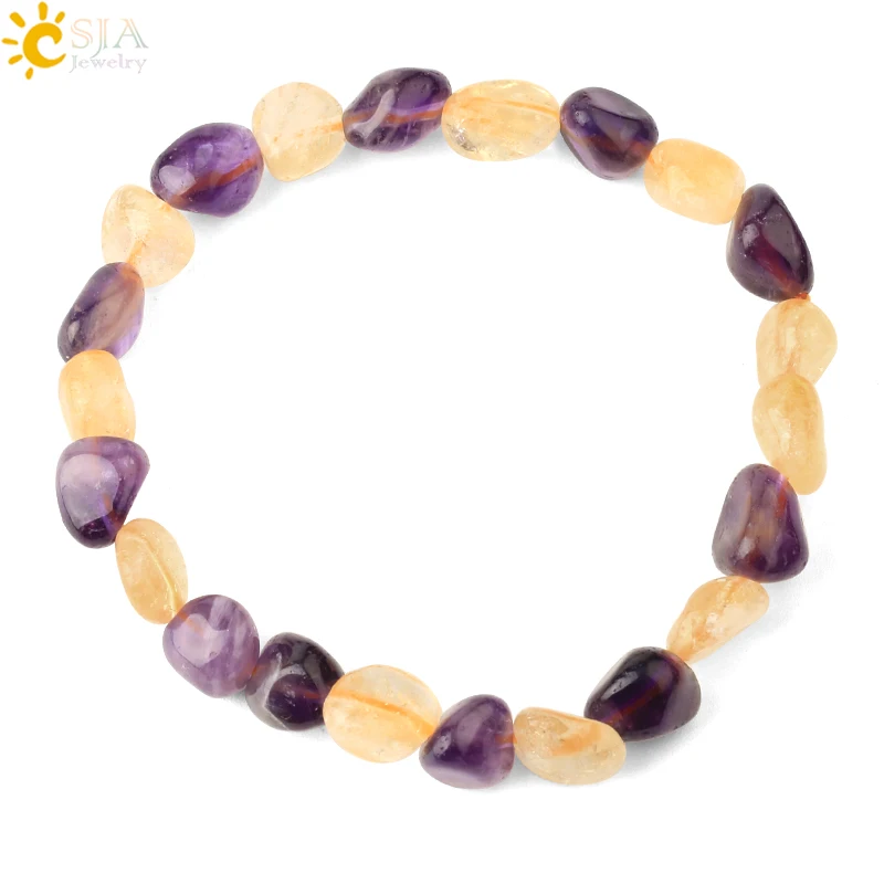 CSJA Mixed Kristall Stretch Armbänder Unregelmäßigen Lila Gelb Fiel Perlen Balance Healing Stein Strang Armband für Weibliche G633