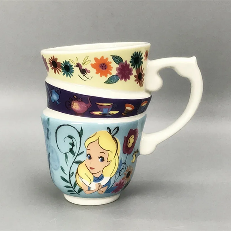 Disney Alice in Wonderland Action Figure Toys Three Layers Water Cups Alice Coffee Mug Cartoon Ceramic Cup Decoration Gift