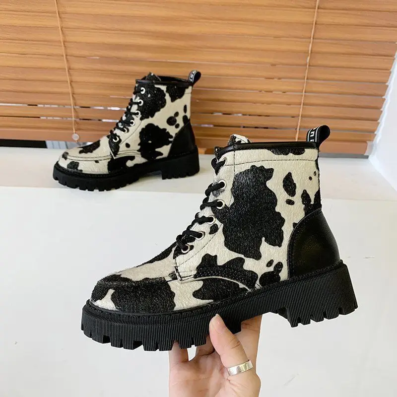 Fashion Designer Autumn And Winter Cows Women\'s Boots Short Boots Female Students Retro Knight Boots Thick-soled Mid-tube Boots