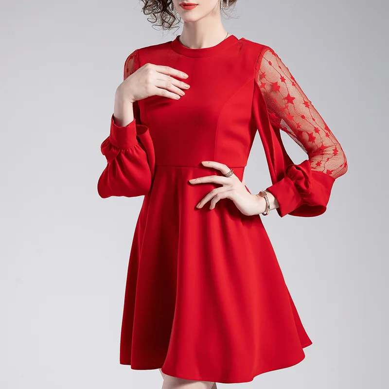 spring and summer 2020 new Fashion women's dress A-line lace stitching long sleeve dresses solid casual V Neck Dress