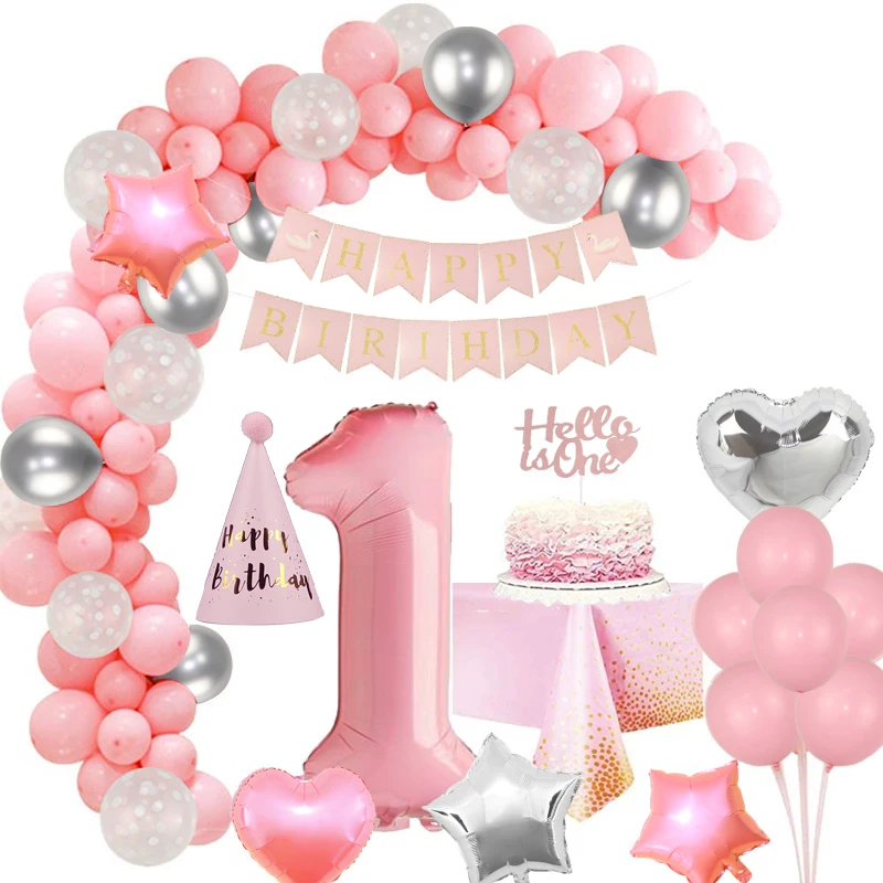 44Pcs/Set Pink First Birthday Girl Party Balloon Garland Banner Cake Topper Tablecloth Hat 1st Birthday Decoration For Baby Girl