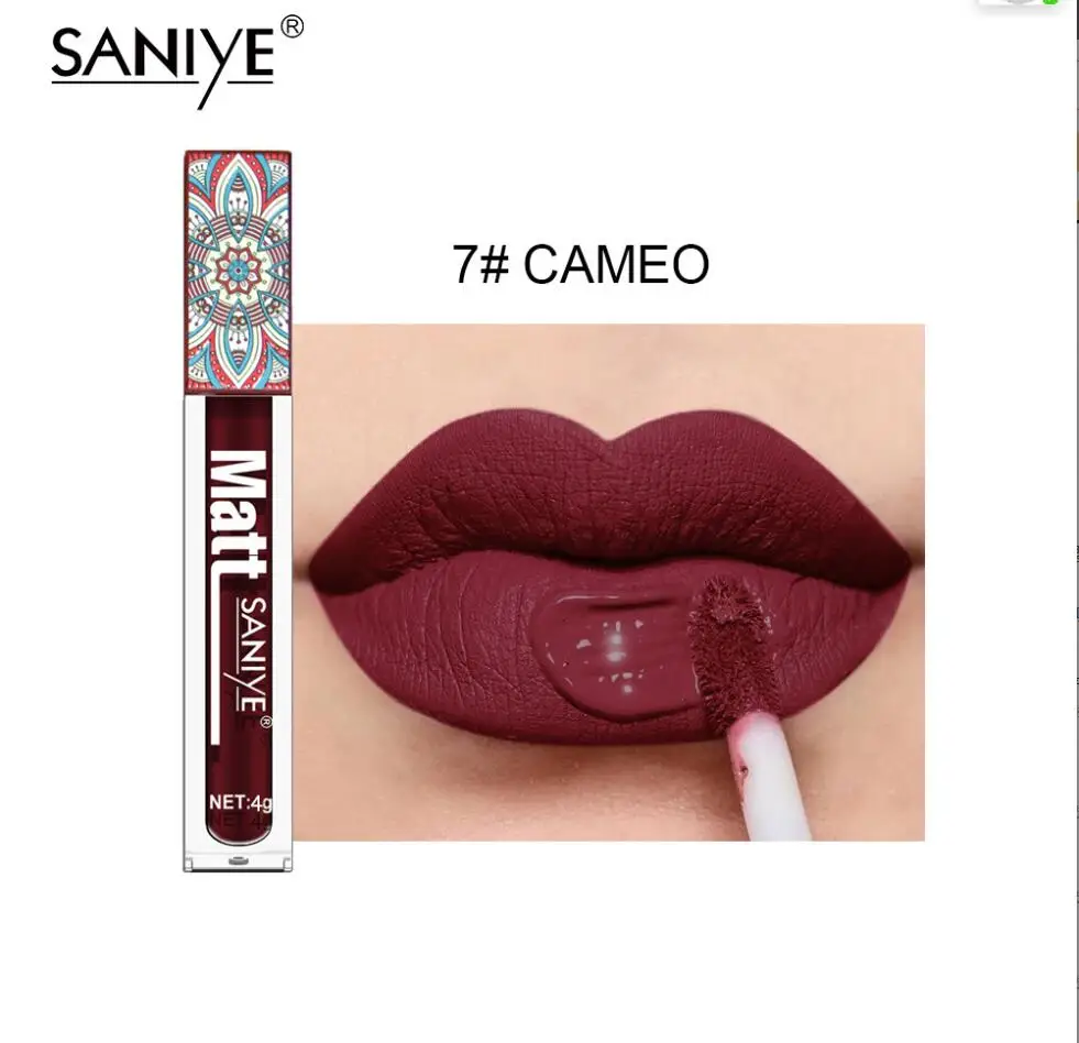 SANIYE Brand Makeup Nude Lip Gloss Waterproof Liquid Matte Lipstick Long Lasting 4g Quick Dry Red Lip Gloss Cosmetics T2056