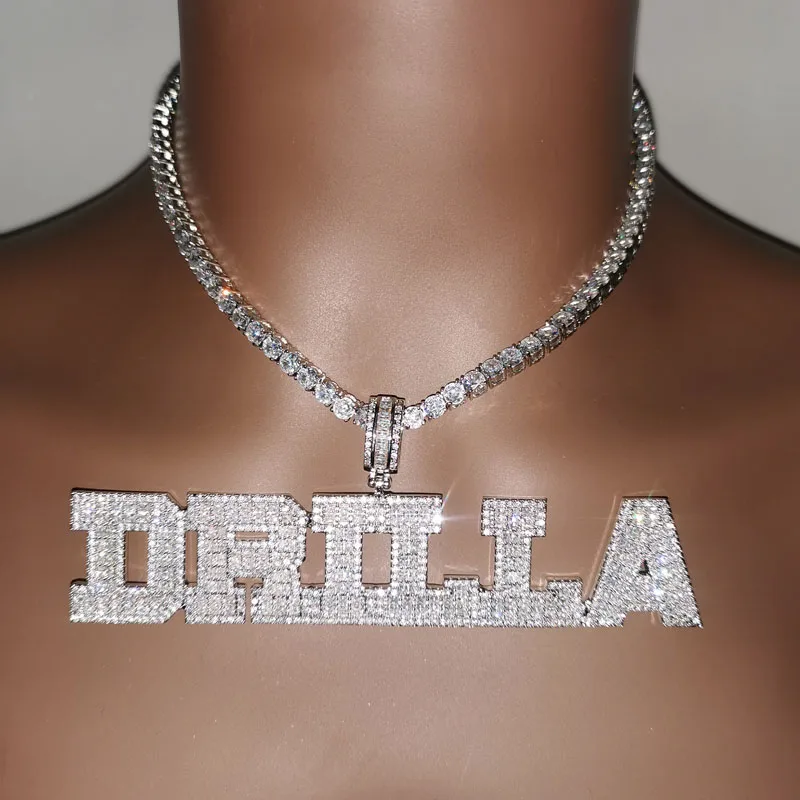 Custom Name Necklace AAAA Zirconia Baguette Letters Chain Pendant Necklaces For Men Women Hip Hop Jewelry