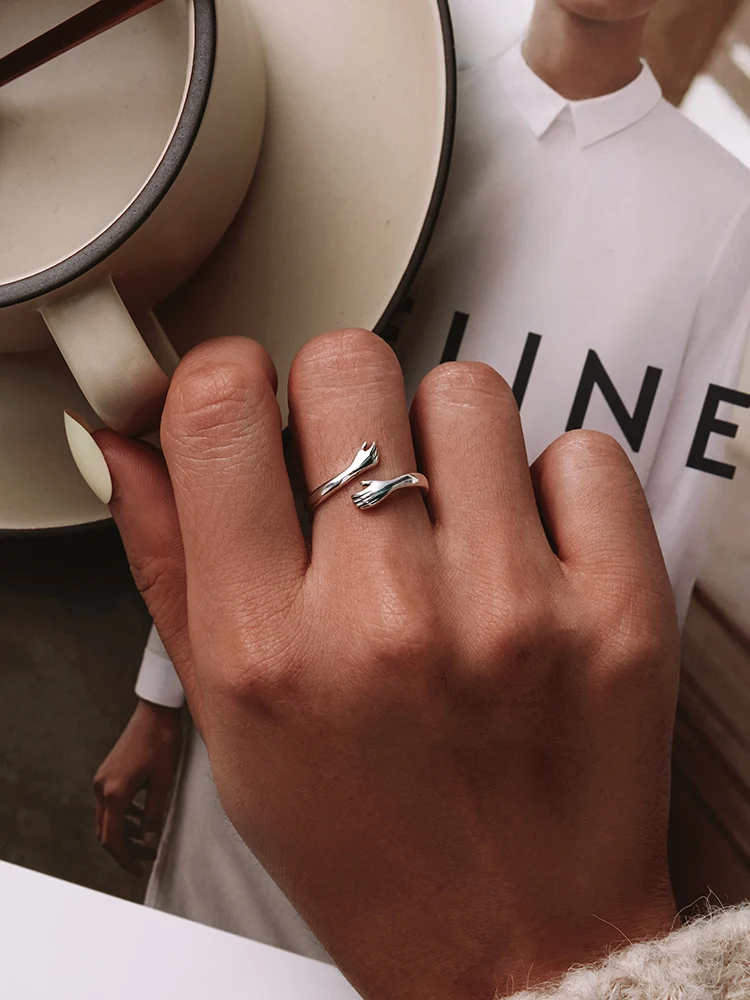 BAMOER 925 Sterling Silver Hug Open Ring Warm Love Hand Adjustable Glossy Ring for Women, His Big Loving Family Party Gift