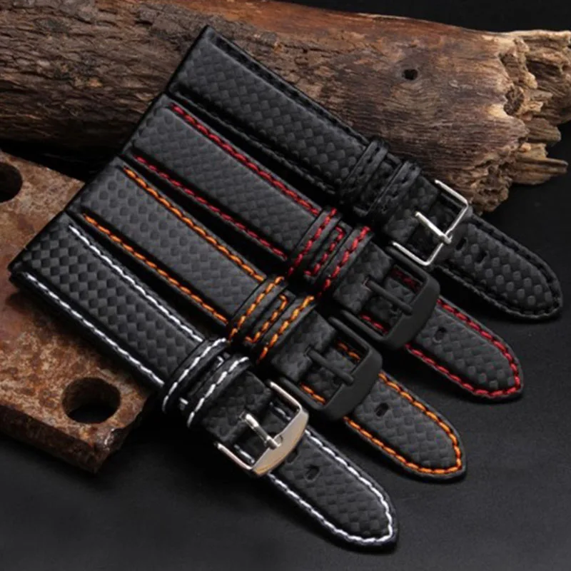 18mm 20mm 22mm 24mm Mens Watch Band Carbon Fibre Watch Strap with Red Stitched + Leather Lining Stainless Steel Clasp watchband