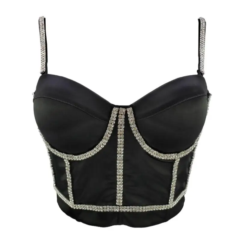 Bustier Top Short Sexy Rhinestone Female Crop Top Women Harajuku Cami With Built In Bra Push Up Sleeveless Camisole p407