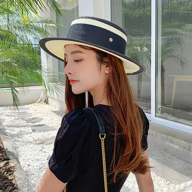 Summer Elegant Retro Women Flat Top Straw Hat Trip Caps Leisure Beach Sun Hats M Letter Breathable Flower Beach Hat