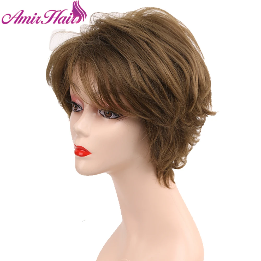 Synthetic Short Curly Wig Brown Layered Ombre Dark Brown Wigs for Women Daily Wigs with Bangs Heat Resistant Wavy Wigs