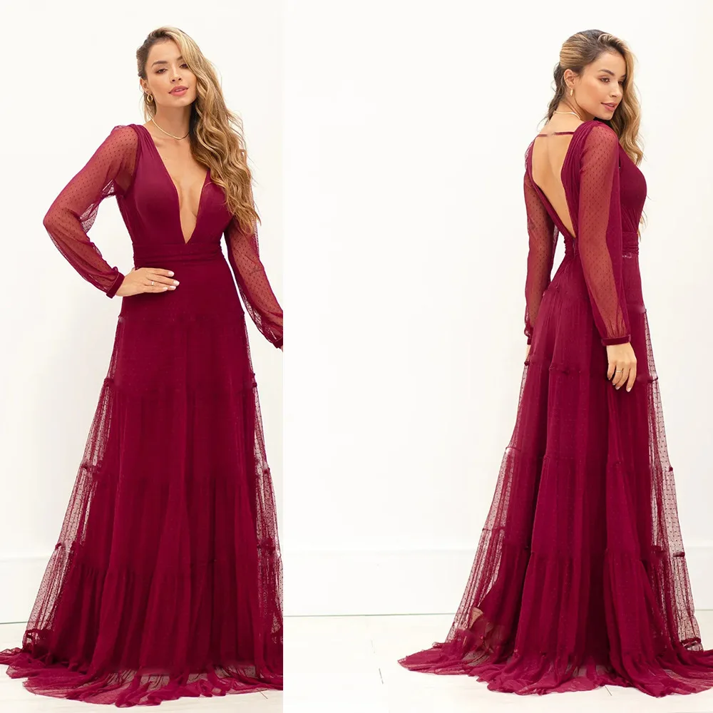 Plus Size Evening Dresses Long 2021 Burgundy Sexy V Neck Formal Party Prom Gowns Custom Made Long Sleeve Women Party Gowns