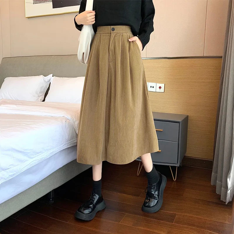 New Vintage Corduroy Pleated Skirt Women Thick Autumn Winter Skirt Korean Fashion High Waist Velvet Mid Long A-Line Skirt Female