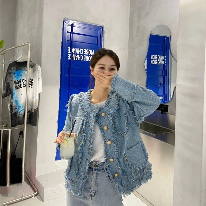 

O Designer Neck Tassel Plaid Short Coat Women Elegant Slim Fit Tweed Jacket Office Ladies Single Breasted Korean Style Outerwear