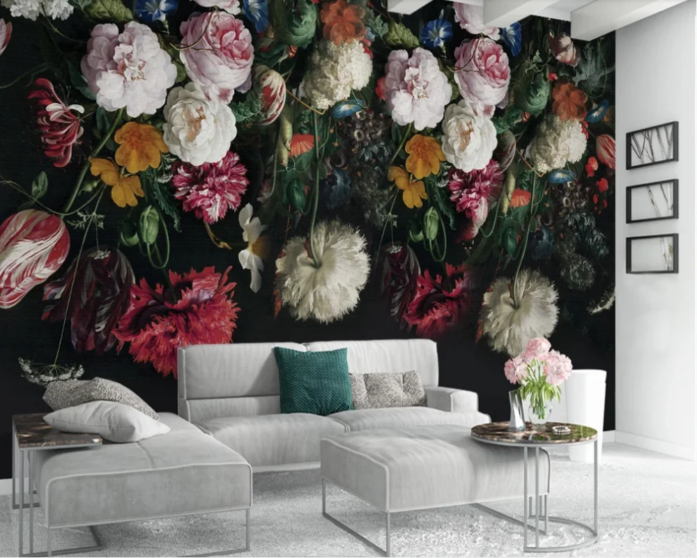 Custom high-end wallpaper-European retro nostalgic hand-painted flower TV background wall