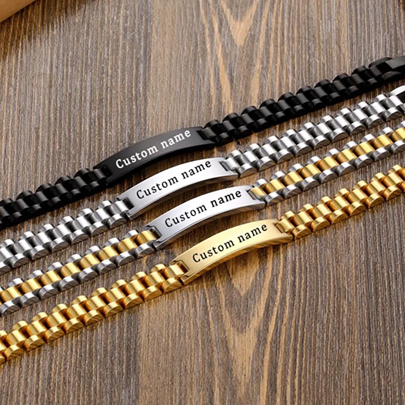 Customized Bracelets for Men Women Nameplate Stainless Steel Gold Chain Couple ID Name Bracelet Personalized