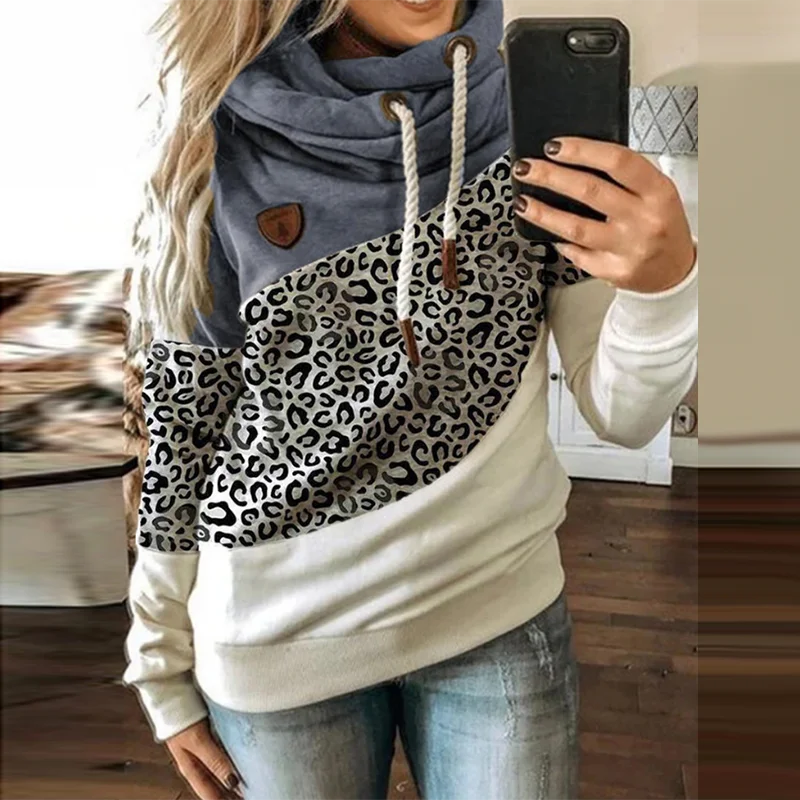 Customizable 2024 New UZZDSS Women Patchwork Hooded Sweatshirt Leopard Print Drawstring Hoodie Casual Long Sleeve Pullover Tops